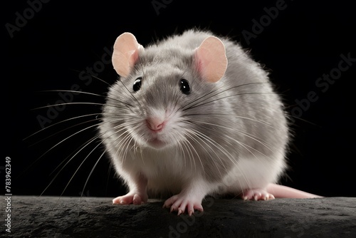 Pic Cute fluffy rat looking at camera on black background