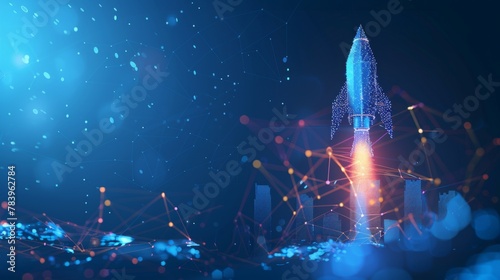 Abstract growth graph chart with launch rocket on technology blue background. Startup and success business concept. Boost metaphor in futuristic light blue style. Low poly