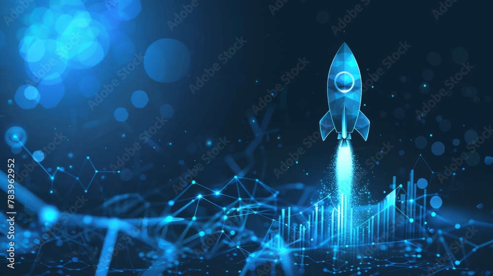 Abstract growth graph chart with launch rocket on technology blue ...