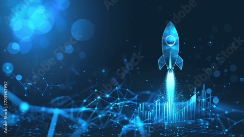 Abstract growth graph chart with launch rocket on technology blue background. Startup and success business concept. Boost metaphor in futuristic light blue style. Low poly photo