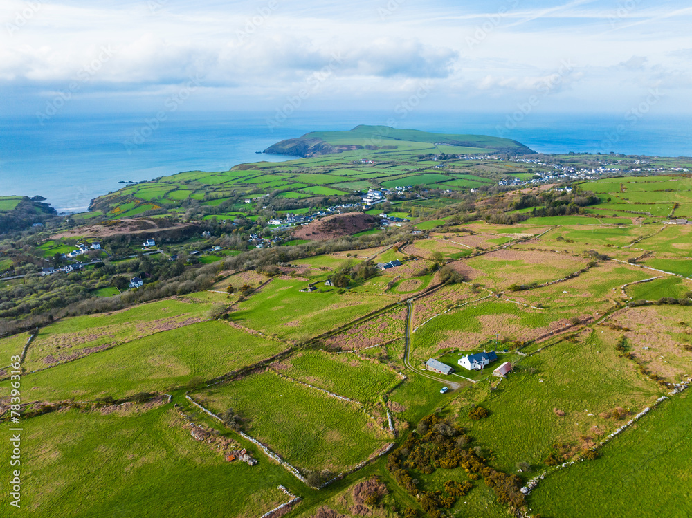 Aerial shot of rural landscape of west Wales near Fishguard and Dinas Cross, Newport.