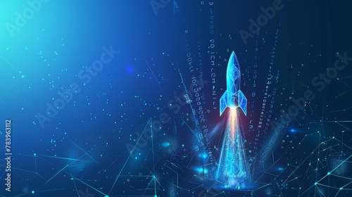 Abstract growth graph chart with launch rocket on technology blue background. Startup and success business concept. Boost metaphor in futuristic light blue style. Low poly
