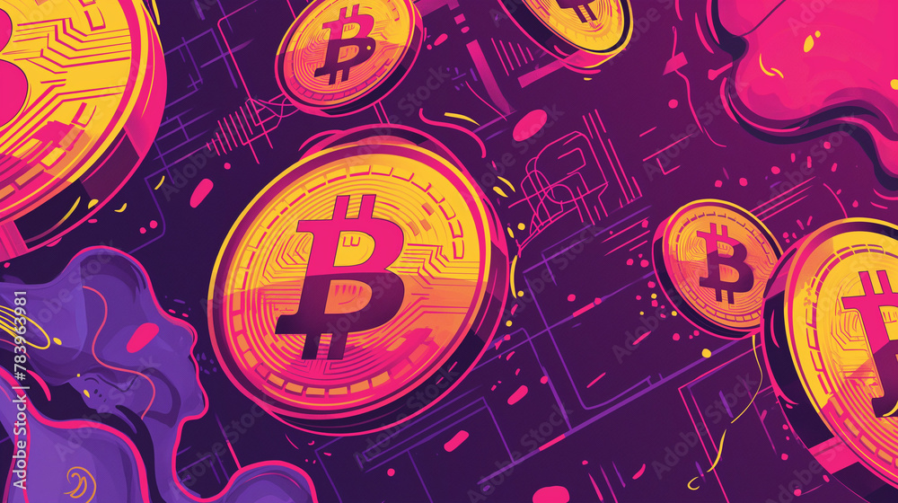 Fototapeta premium An artistic take on Bitcoin with a surreal and colorful backdrop, emphasizing the dynamic nature of digital currency