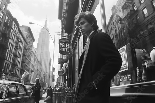 A young man in stylish coat walks along bustling city street, with iconic Empire State Building looming in background. The black-and-white image captures timeless allure of urban life in New York City