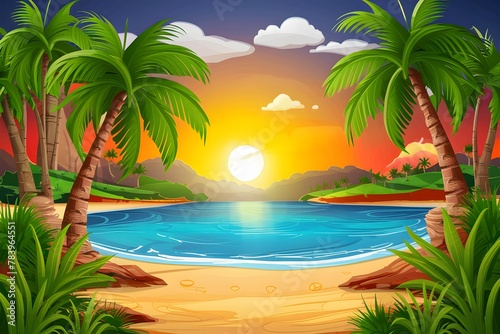 Tranquil coastline sunset scene in tropical summer landscape