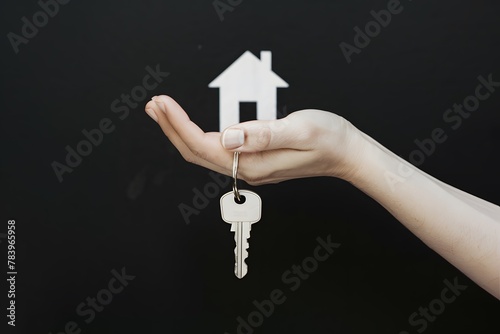 Womans hand holds house key against black background photo