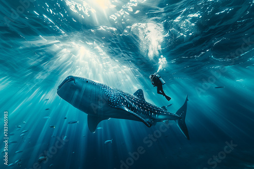 A diver observing a majestic whale shark gliding through clear blue waters.Electric blue whale shark swims with scuba diver underwater © ivlianna