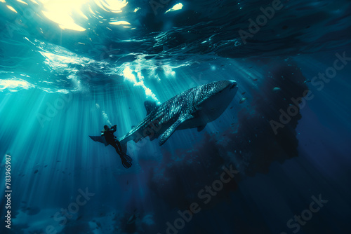A diver observing a majestic whale shark gliding through clear blue waters. A whale shark gracefully swims in azure water, illuminated by the suns rays © ivlianna