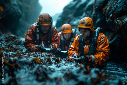 A team of marine scientists conducting experiments on a deep-sea hydrothermal vent. Three adventurers in orange helmets exploring a cave for fun photo