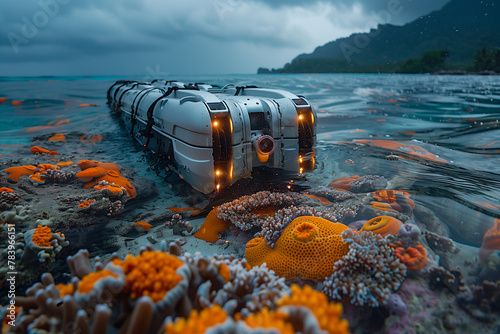 A team of oceanographers studying the effects of climate change on coral reefs. Robot perched on coral reef underwater, surrounded by liquid landscape