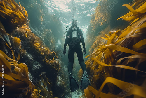 A group of divers exploring a pristine kelp forest teeming with marine life. Diving in the water, surrounded by seaweed, exploring marine life and reefs