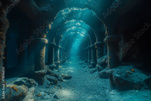 An underwater tunnel providing access to an expansive underwater cave system. an underwater tunnel with columns and arches in the ocean photo