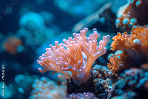 A coral nursery project aimed at restoring damaged reef ecosystems. Close up of a pink sea anemone on a coral reef in the ocean © ivlianna