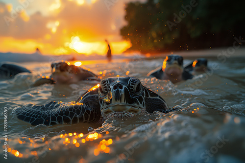 A scientific expedition studying the migration patterns of endangered sea turtles. Sea turtles swimming at sunset in ocean with colorful sky photo