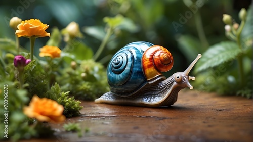 A snail moves slowly and deliberately across the garden path one calm summer day. Its shell, a tiny work of art, The vivid colors 