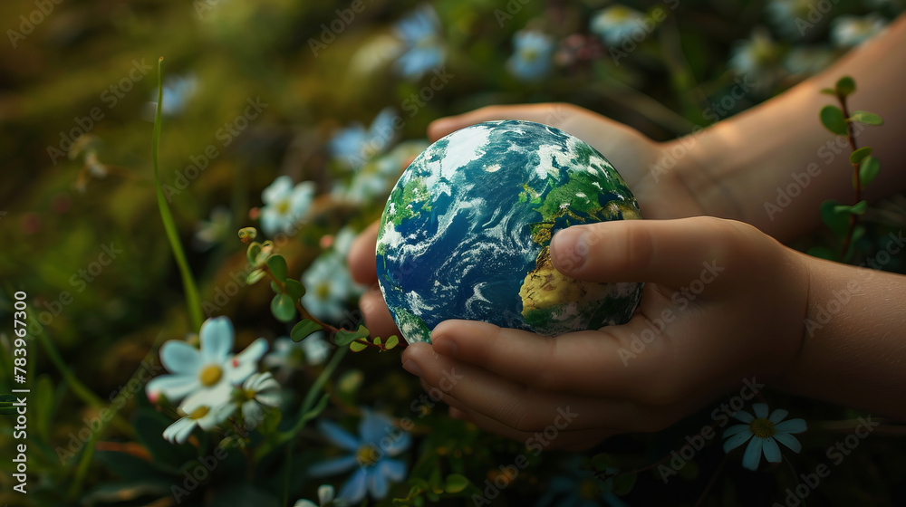 Child hands embracing a tiny globe. World Environment day concept Child hands embracing a tiny globe. World Environment day concept