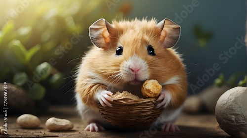 A fat hamster putting nuts and seeds into its cheeks 