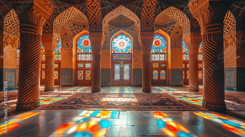 A grand hall illuminated by the soft glow filtering through intricate stained glass windows, highlighting the ancient pillars adorned with delicate carvings and ornate designs-2
