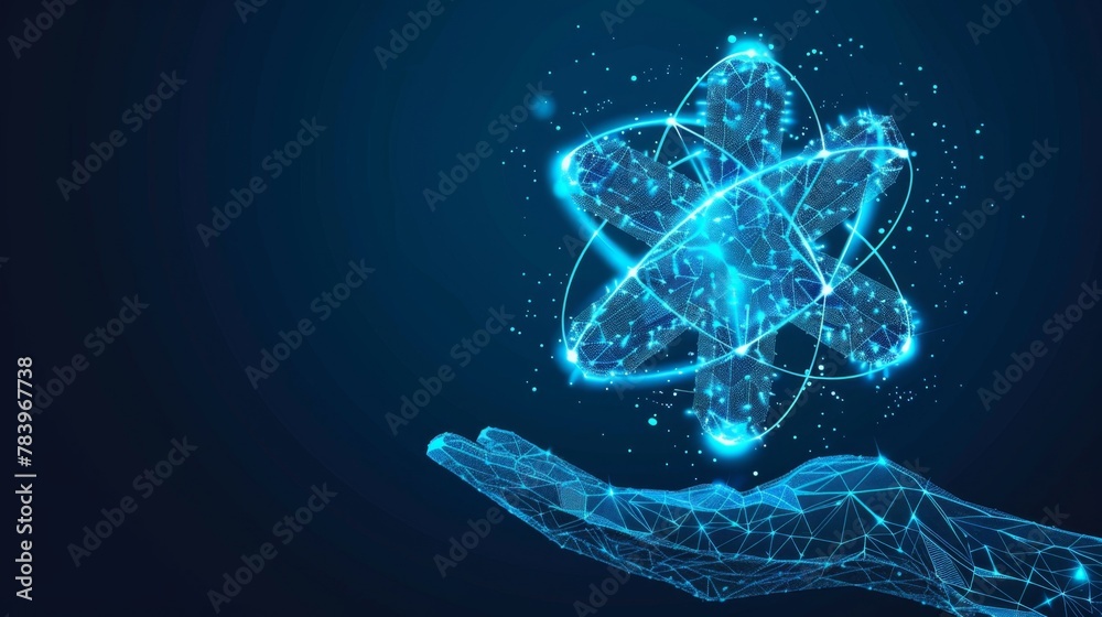 Abstract scientist hands-holding nuclear atom hologram model. Science, Technology concepts. Low poly light blue digital hand securing molecule icon on blue background Abstract scientist hands-holding nuclear atom hologram model. Science, Technology concepts. Low poly light blue digital hand securing molecule icon on blue background