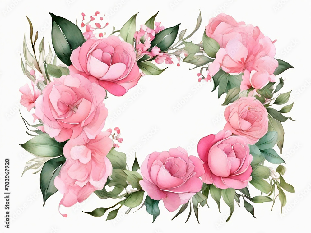 Bouquet frame made of pink watercolor flowers and green leaves wedding and greeting illustration
