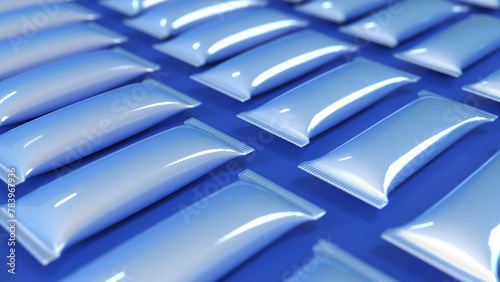 Realistic mockups of a flow packs on blue background. 3d illustration