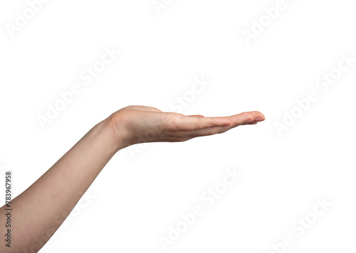 Hand palm stretching out, offering, showing gesture, isolated on white background, transparent png
