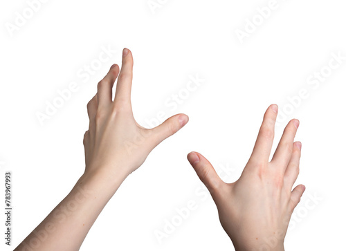 Quadro su tela Hands gesturing during VR activity, first person view, isolated on white backgro