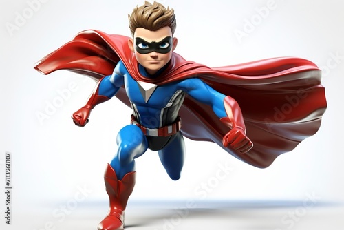 Wearing a superhero costume, striking a heroic pose.