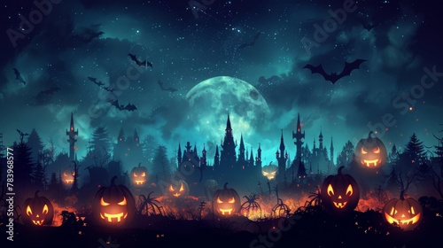 Night Scene With Pumpkins and Bats