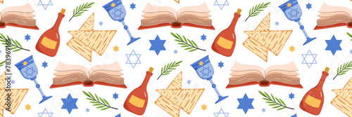 Happy Passover celebration seamless pattern. Jewish holiday Pesach background. Traditional icon matzah, wine, torus, Star of David, Elijahs Cup. For wallpaper, invitation. Vector flat illustration.