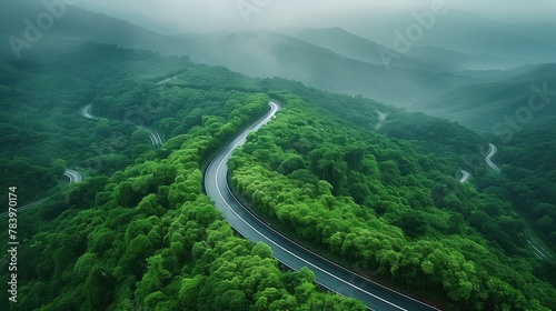 Elevated View of Foggy Mountainous Landscape with Twisting Road Amidst Verdure