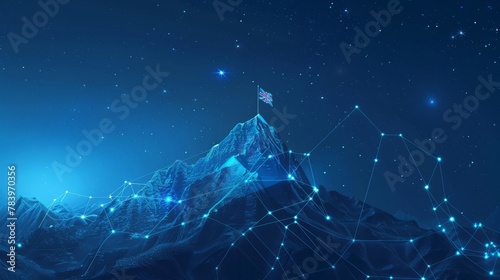 Digital mountain with a flag and a professional climbing businessman on the top. Abstract goals achievement and ambitions concept. Technology dark blue background with peaks and constellations photo