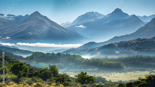 Majestic Serenity: The Spectacular Mountain Ranges of New Zealand Bathed in Soft Sunlight