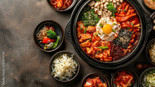 horizontal banner, National Foundation Day Korea, national Korean cuisine, traditional Korean dishes, top view