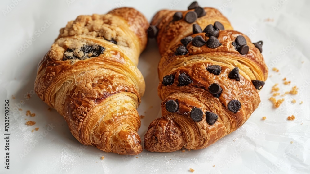 Crookie - half croissant and half cookie hybrid, cookie croissants, buttery croissants stuffed with chocolate chip cookie dough. Generative ai Crookie - half croissant and half cookie hybrid, cookie croissants, buttery croissants stuffed with chocolate chip cookie dough. Generative ai