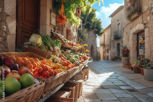 Fototapeta Naklejka Na Ścianę i Meble -  Street outdoors market of natural products. Small local farmer shop of fruits, vegetables in street of Italian city in sunny day.