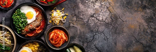 horizontal banner, National Foundation Day Korea, national Korean cuisine, traditional Korean dishes, top view, copy space, free space for text photo