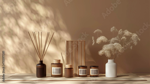 beautiful minimalist set of aromatic scents bottles with wood sticks on a table  brown and beige color palette  put your brand logo labels