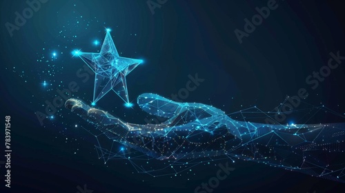 Digital star in abstract hand. Success concept. Low poly wireframe vector illustration with 3D effect in futuristic hologram blue style on technology background. Monochrome light