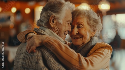 Romantic senior couple wife and husband dancing to music together. Happy cuple of seniors friends attend dancing class, moving to the rhythm. Generative ai © Iuliia Metkalova
