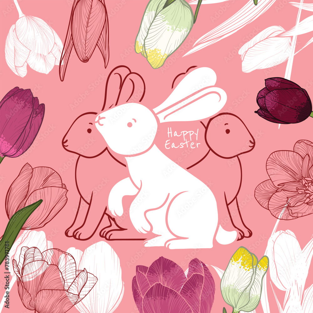 Fototapeta premium Happy Easter with hand drawn cute rabbit and flowers on a pink background. Awesome design for banners and visuals. 