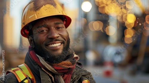 Black african american worker construction in hard safety helmet hat at work on construction site. Labour day concept. Generative ai