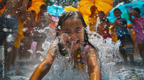 Maha Songkran, World Water Festival, Celebrate Thai New Year, Songkran day Thailand concept. Happy people splashing water. Generative ai photo