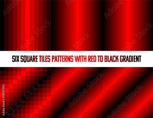 Red to black in square tiles, seamless vector pattern, monochromatic, collection of six