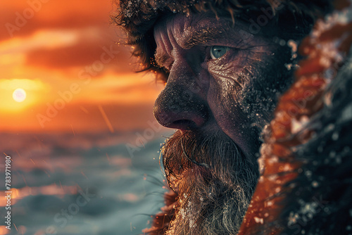 Fisherman on a fishing boat. Close up. Old fisherman with beard, wearing raincoat on sailing boat in the sea during sunset. 