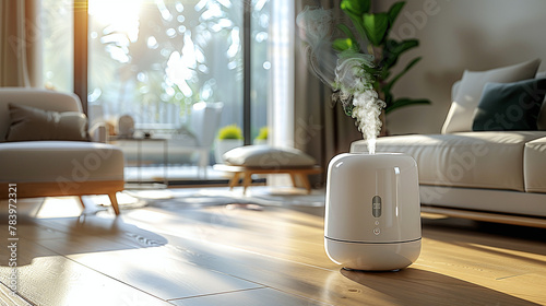 modern sleek and minimalist white air purifier on the floor in a living room, healthy home photo