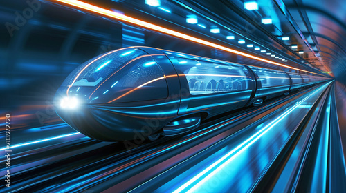 The future technology of high-speed transport. Futuristic bullet train or hyperloop ultrasonic train capsule. The tunnel is located in an urban environment. © Martinesku