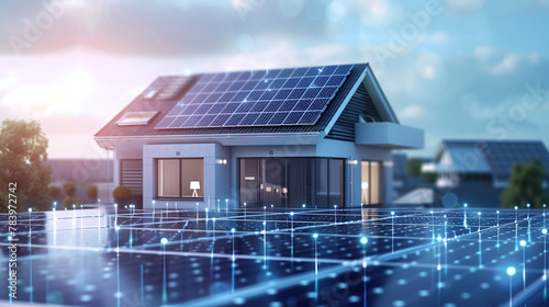 Futuristic generic smart home with solar panels rooftop system for renewable energy concepts as wide banner with copy space area photo