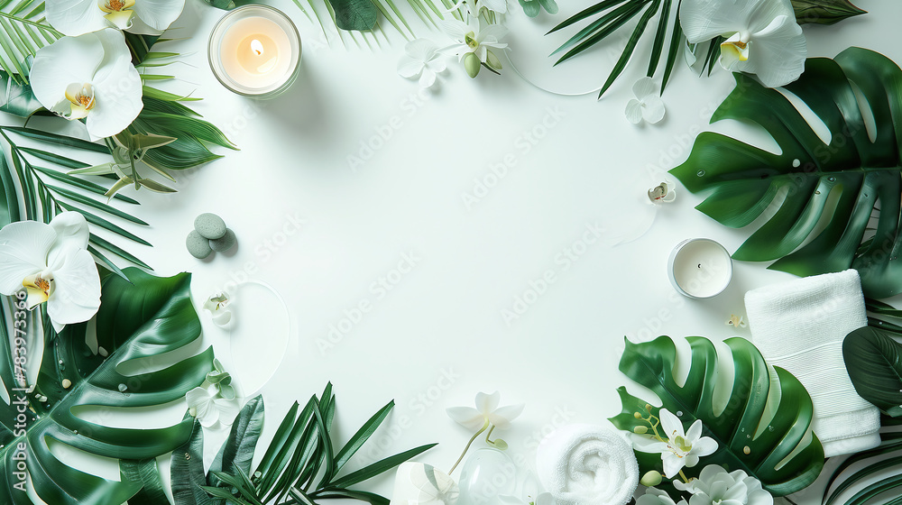Green spa or wellness layout frame with towels, candle, tropical leaves , orchid flowers, succulents and body and face care tools and accessories on white background, top view. Green spa or wellness layout frame with towels, candle, tropical leaves , orchid flowers, succulents and body and face care tools and accessories on white background, top view.