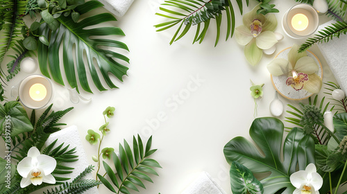 Green spa or wellness layout frame with towels, candle, tropical leaves , orchid flowers, succulents and body and face care tools and accessories on white background, top view.